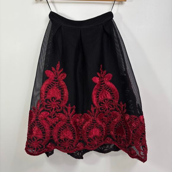 Love Culture Black Mesh Skirt Red Ribbon Embroidery Size Small Romantic Goth - Picture 9 of 14